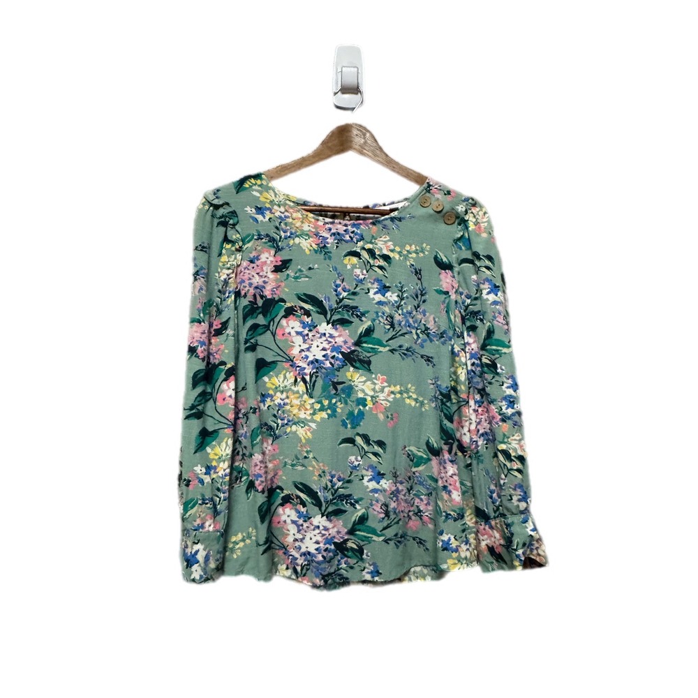 LC Lauren Conrad Floral Blouse Women S Green Excellent Puff Sleeve Button Detail
